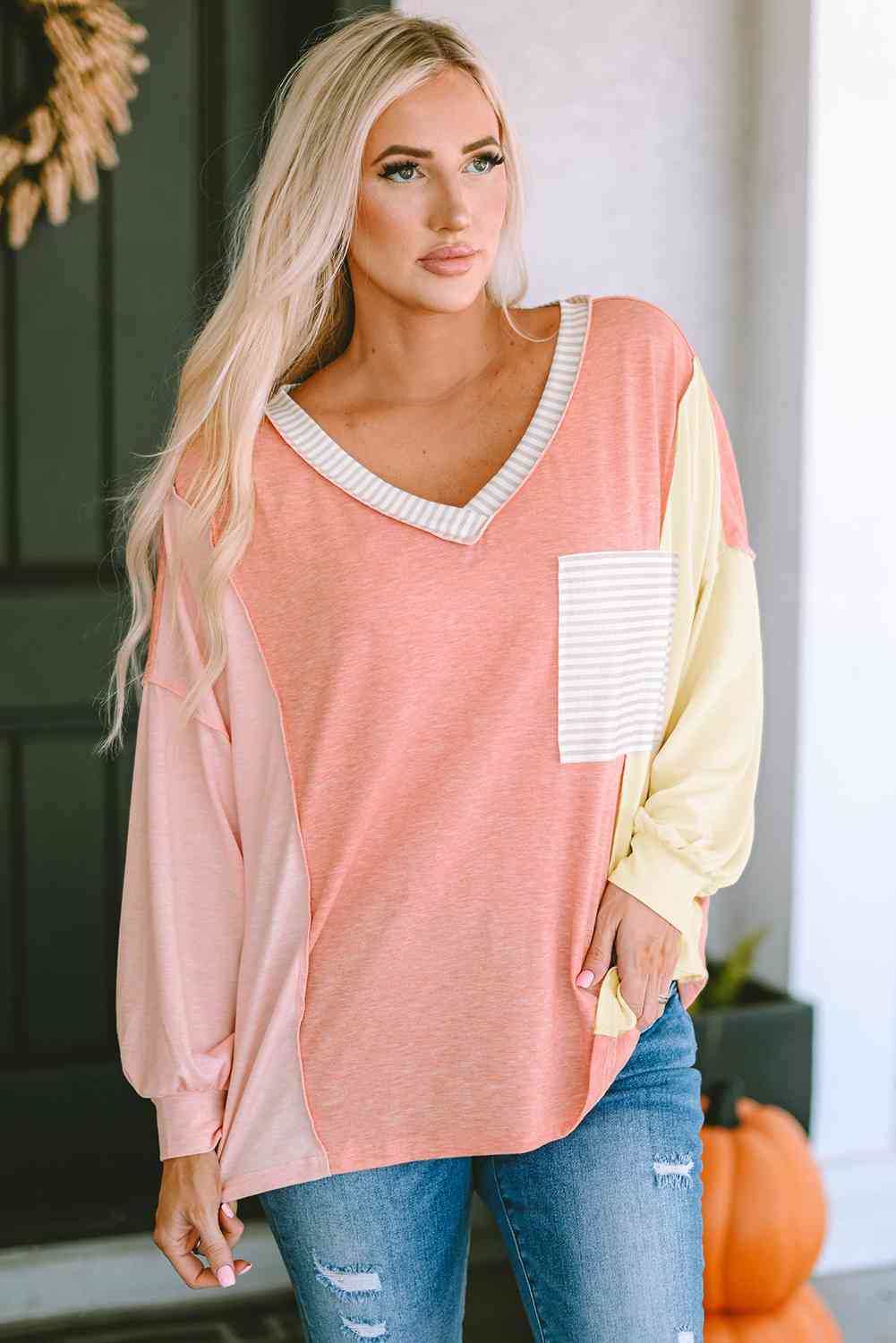 Color Block V-Neck Dropped Shoulder Sweatshirt with Pocket Shirts & Tops Krazy Heart Designs Boutique   