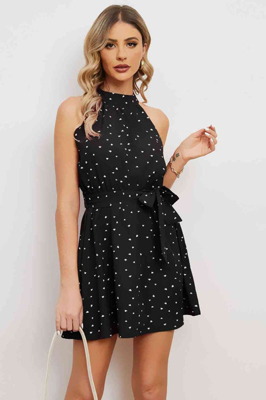 Printed Tie Waist Mini Dress (2 Colors)  Krazy Heart Designs Boutique Black S 