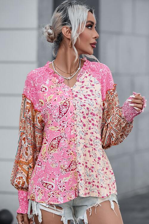 Printed Buttoned Lantern Sleeve Blouse Shirts & Tops Krazy Heart Designs Boutique Carnation Pink S 