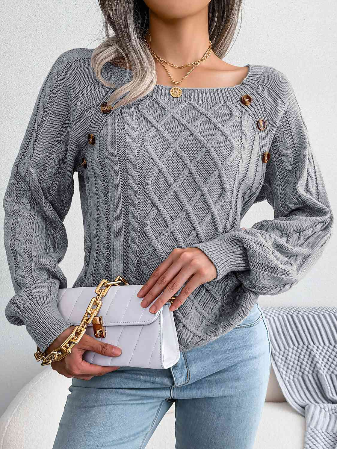 Decorative Button Cable-Knit Sweater (5 Colors) Shirts & Tops Krazy Heart Designs Boutique Charcoal S 