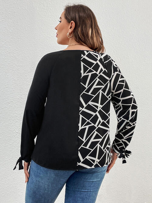 Plus Size Geometric Color Block V-Neck Long Sleeve Top Shirts & Tops Krazy Heart Designs Boutique   