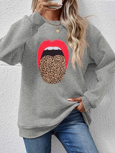 Leopard Lip Graphic Round Neck Sweatshirt (9 Colors) Shirts & Tops Krazy Heart Designs Boutique Charcoal S 