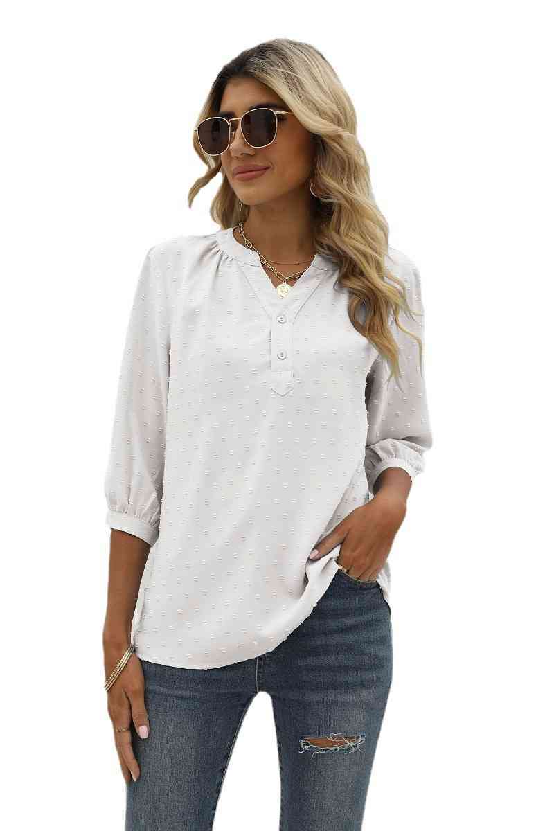 Swiss Dot Notched Neck Three-Quarter Sleeve Blouse (9 Colors)  Krazy Heart Designs Boutique   