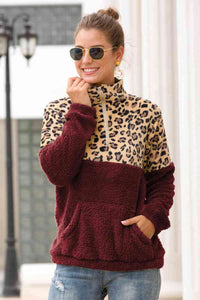 Leopard Print Zip-Up Turtle Neck Dropped Shoulder Sweatshirt Shirts & Tops Krazy Heart Designs Boutique Wine S 