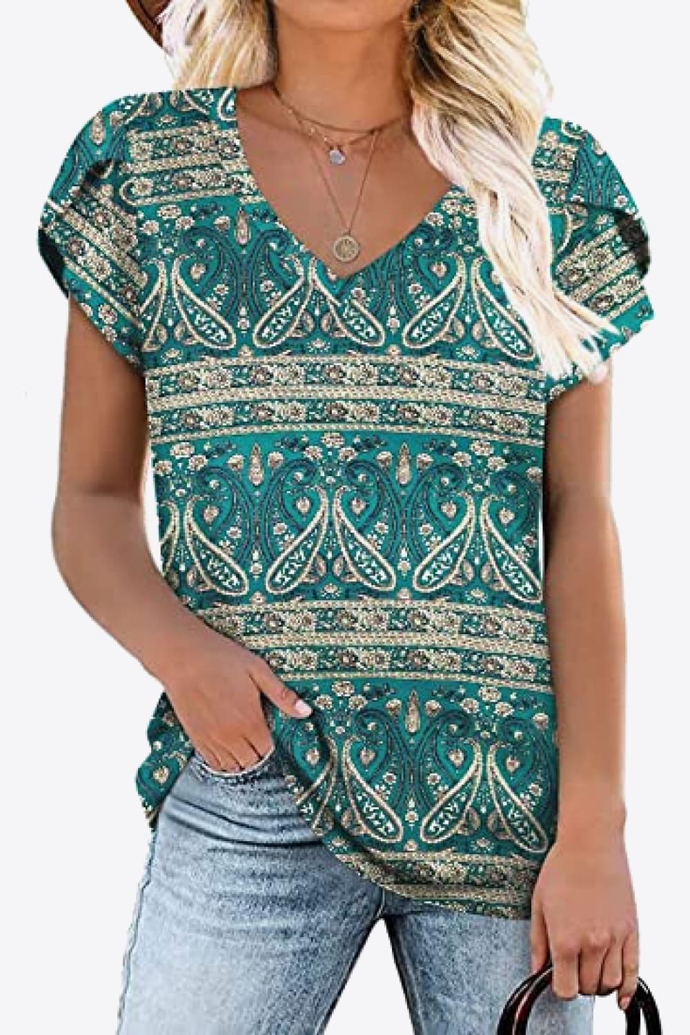 Printed Petal Sleeve V-Neck Blouse (12 Color Styles)  Krazy Heart Designs Boutique Mid Green S 