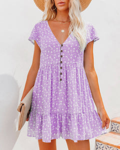 Floral Printed V-Neck Buttoned Short Sleeve Mini Dress (4 Colors)  Krazy Heart Designs Boutique Lavender S 