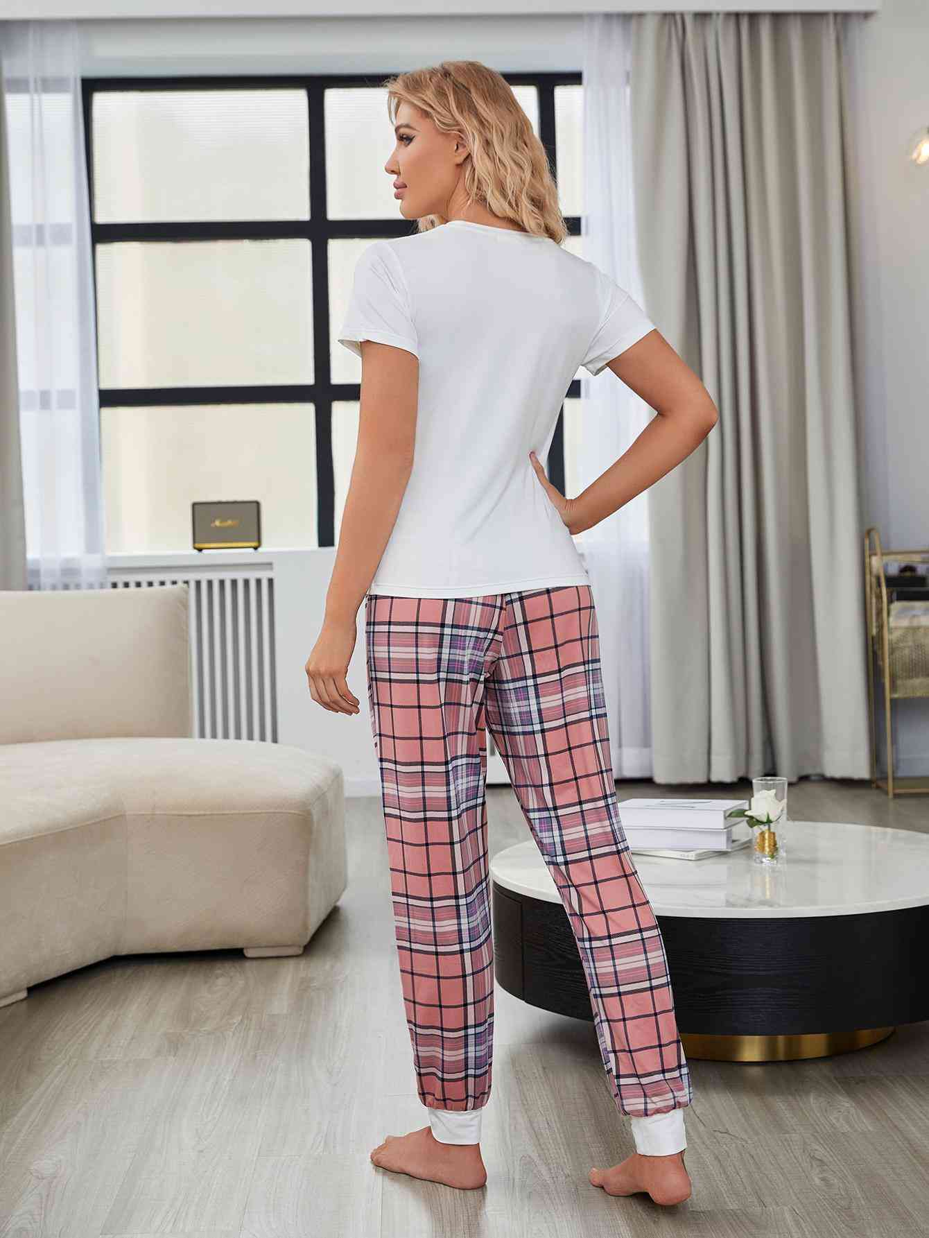 Heart Graphic Tee and Plaid Joggers Lounge Set ( 2 Color Style Patterns) Loungewear Krazy Heart Designs Boutique   