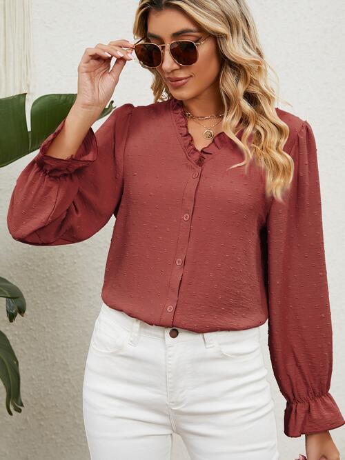 Button Up Flounce Sleeve V-Neck Shirt (5 Colors) Shirts & Tops Krazy Heart Designs Boutique Chestnut S 