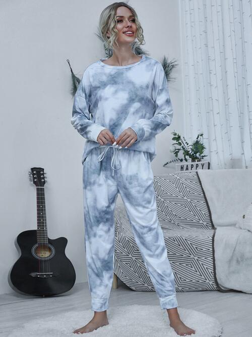 Tie-dye Round Neck Top and Drawstring Pants Set (4 Colors) Outfit Sets Krazy Heart Designs Boutique Cloudy Blue S 