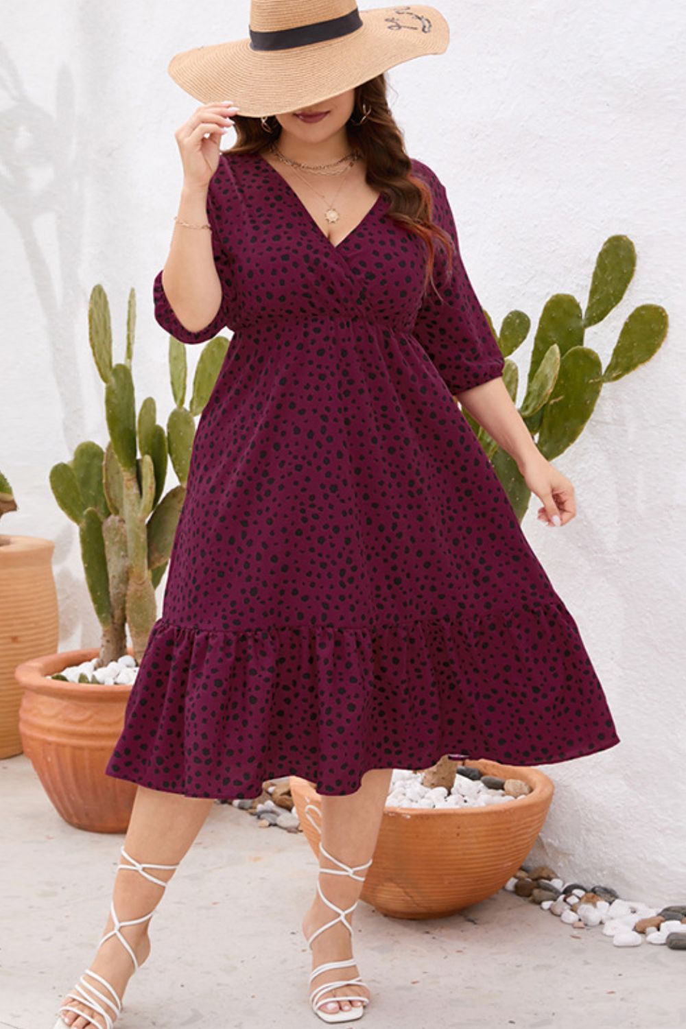 Plus Size Printed Surplice Ruffle Hem Dress (3 Colors) Dress Krazy Heart Designs Boutique Wine XL 