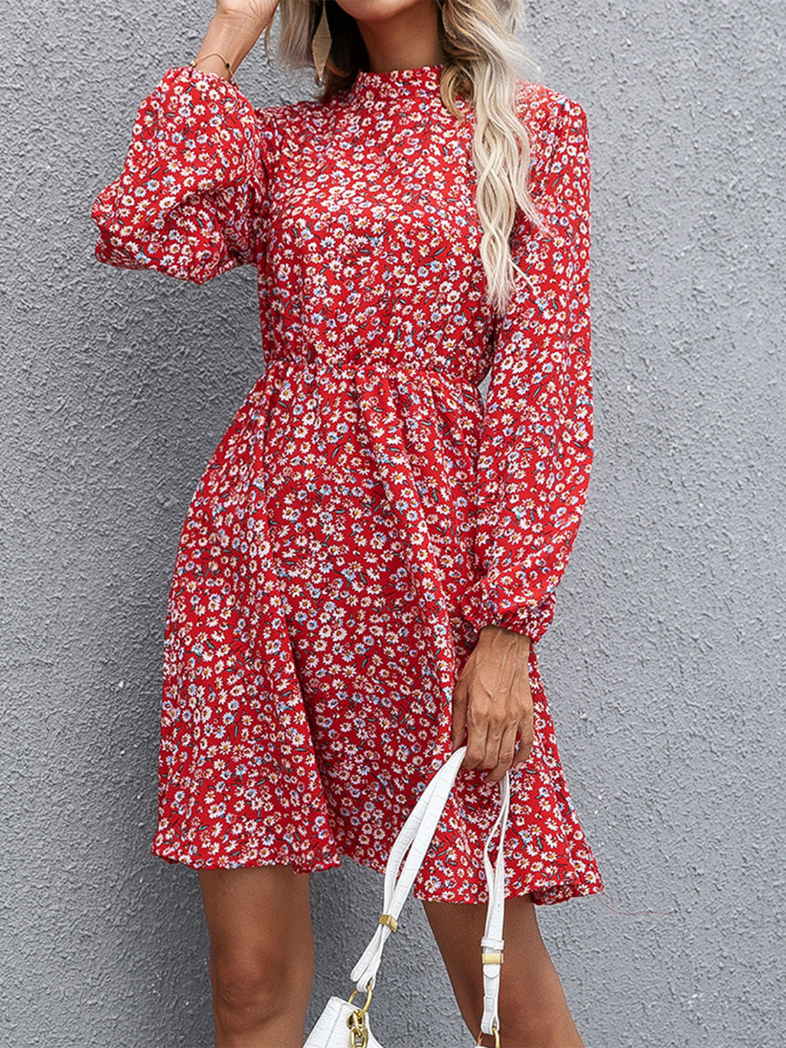 Floral Mock Neck Long Sleeve Dress  Krazy Heart Designs Boutique Deep Red S 