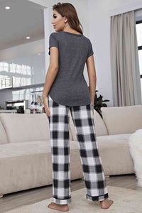 Curved Hem Short Sleeve Top and Plaid Pants Lounge Set Loungewear Krazy Heart Designs Boutique   