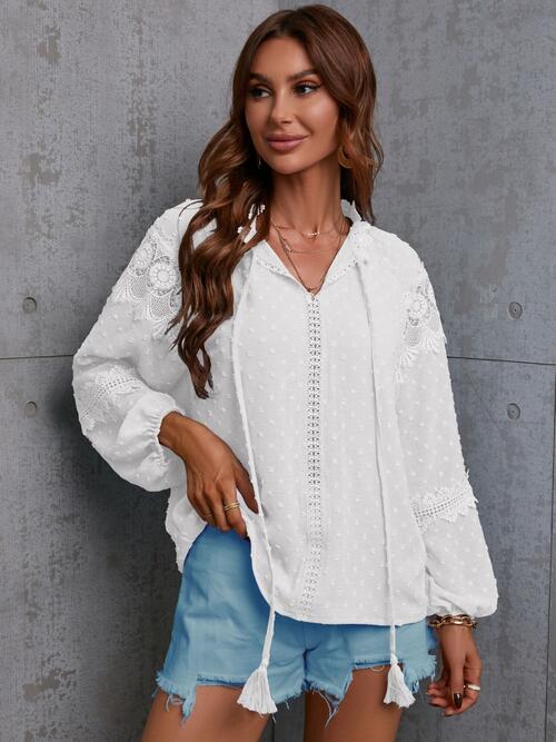 Crochet Tassel Tie Neck Long Sleeve Blouse (4 Colors) Shirts & Tops Krazy Heart Designs Boutique White S 