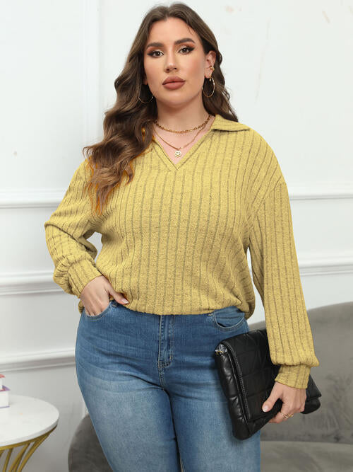 Plus Size Ribbed Collared Neck Long Sleeve Blouse (4 Colors) Shirts & Tops Krazy Heart Designs Boutique Banana Yellow L 
