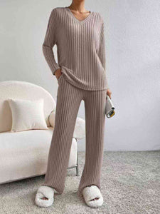 Ribbed V-Neck Long Sleeve Top and Pants Set (4 Colors) Outfit Sets Krazy Heart Designs Boutique Mocha XS 