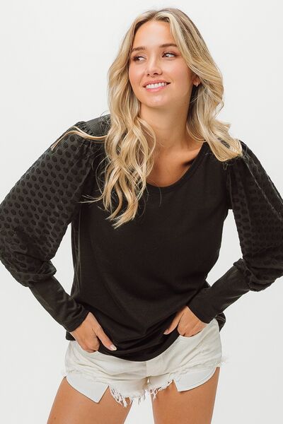 BiBi Round Neck Polka Dot Lantern Sleeve Top Shirts & Tops Krazy Heart Designs Boutique Black S 