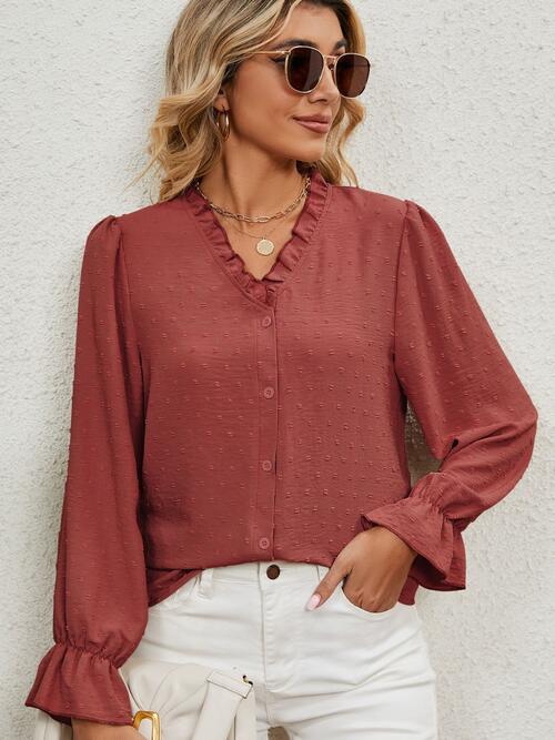 Button Up Flounce Sleeve V-Neck Shirt (5 Colors) Shirts & Tops Krazy Heart Designs Boutique   