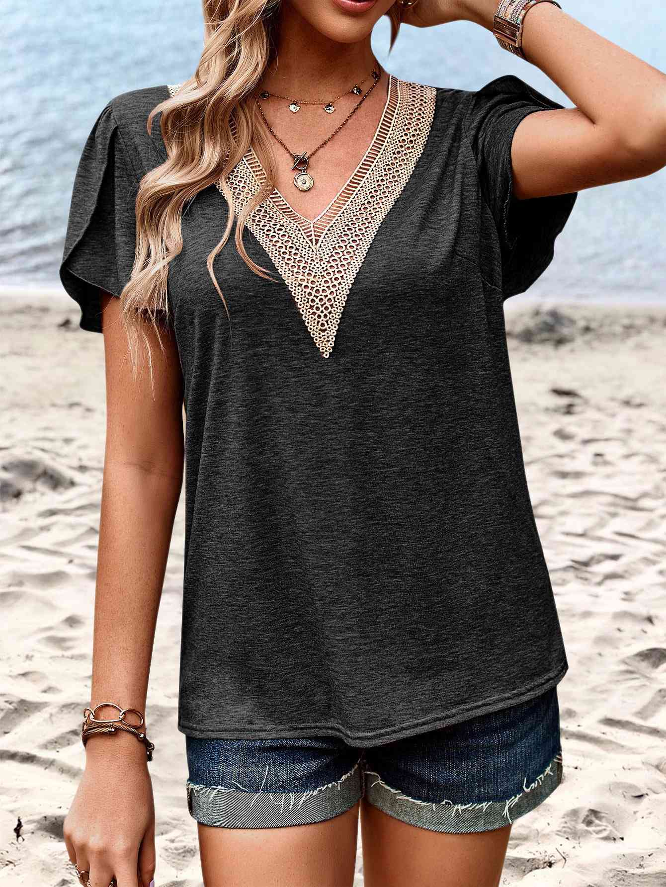 Contrast V-Neck Petal Sleeve Top (5 Colors) Shirts & Tops Krazy Heart Designs Boutique Dark Gray S 