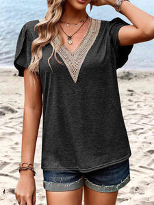 Contrast V-Neck Petal Sleeve Top (5 Colors) Shirts & Tops Krazy Heart Designs Boutique Dark Gray S 