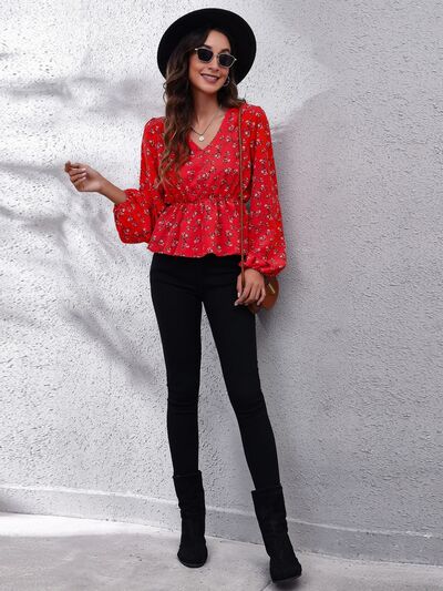 Floral V-Neck Balloon Sleeve Peplum Blouse Shirts & Tops Krazy Heart Designs Boutique   