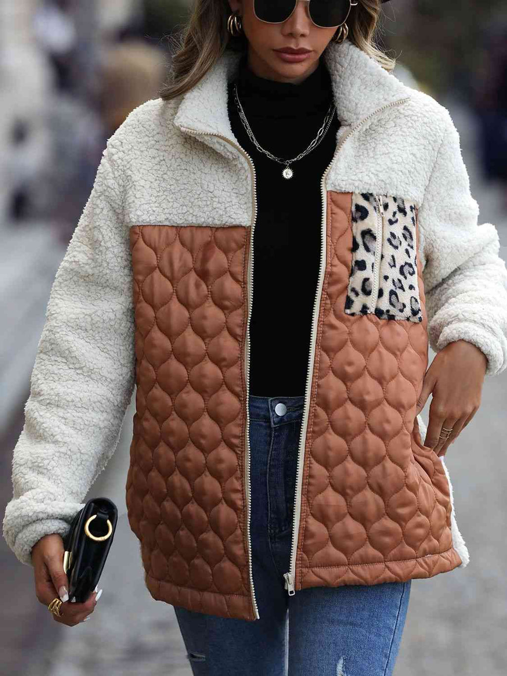 Leopard Print Color Block Zip-Up Jacket (6 Colors) coats Krazy Heart Designs Boutique Caramel S 