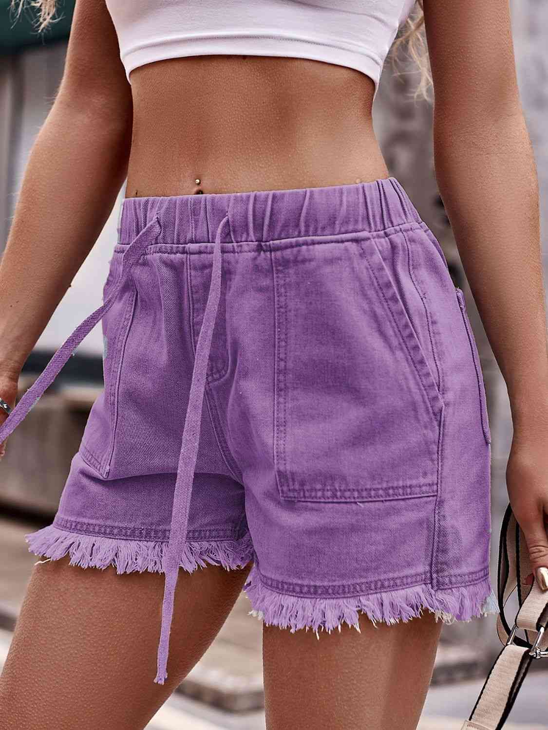 Drawstring Raw Hem Denim Shorts (12 Colors) shorts Krazy Heart Designs Boutique   