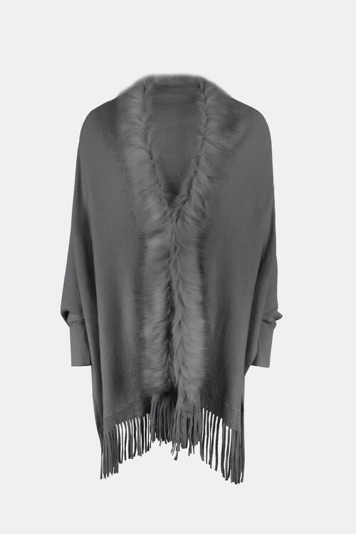 Fringe Open Front Long Sleeve Poncho (6 Colors) coats Krazy Heart Designs Boutique Charcoal One Size 