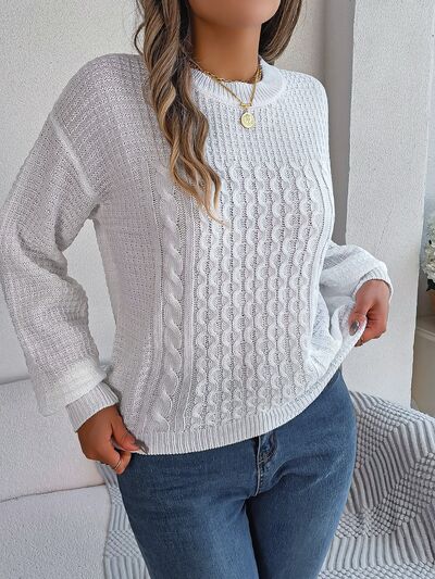 Cable-Knit Round Neck Long Sleeve Sweater (3 Colors) Shirts & Tops Krazy Heart Designs Boutique   