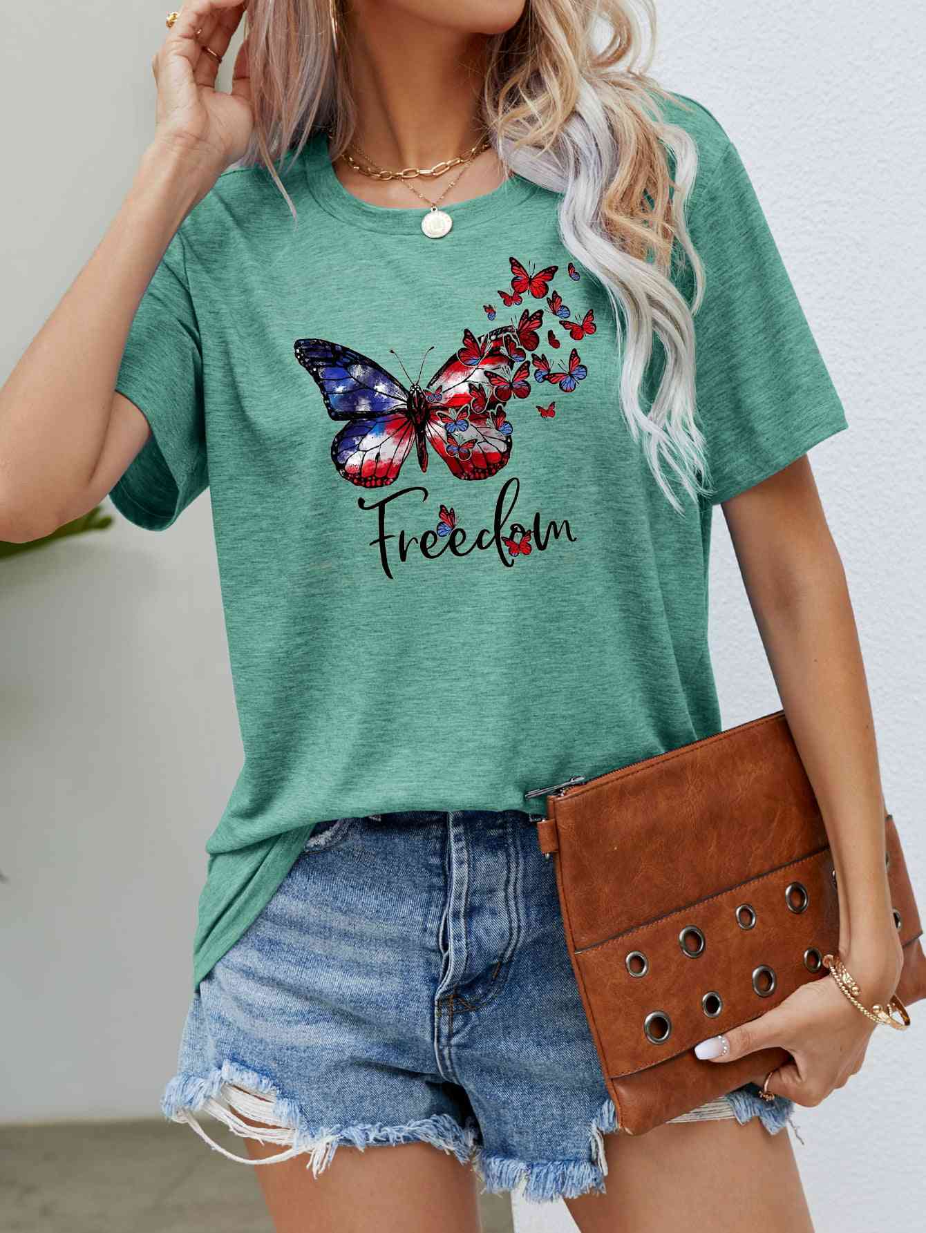 FREEDOM Butterfly Graphic Short Sleeve Tee (5 Colors)  Krazy Heart Designs Boutique Gum Leaf S 