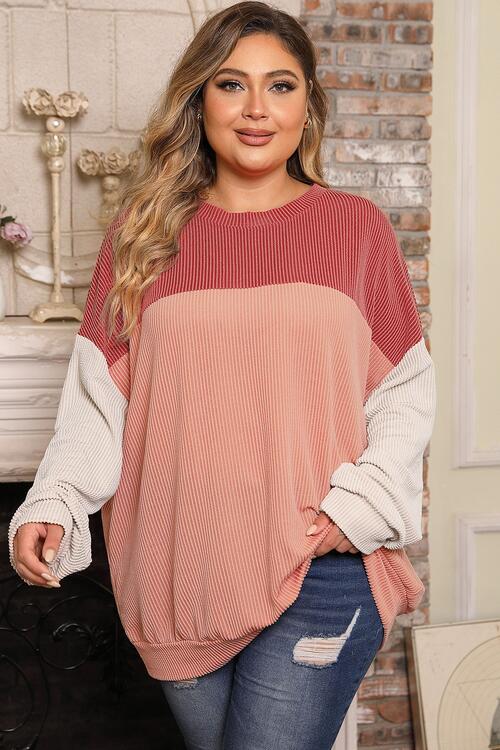 Plus Size Color Block Long Sleeve Sweatshirt  Krazy Heart Designs Boutique Coral 1XL 