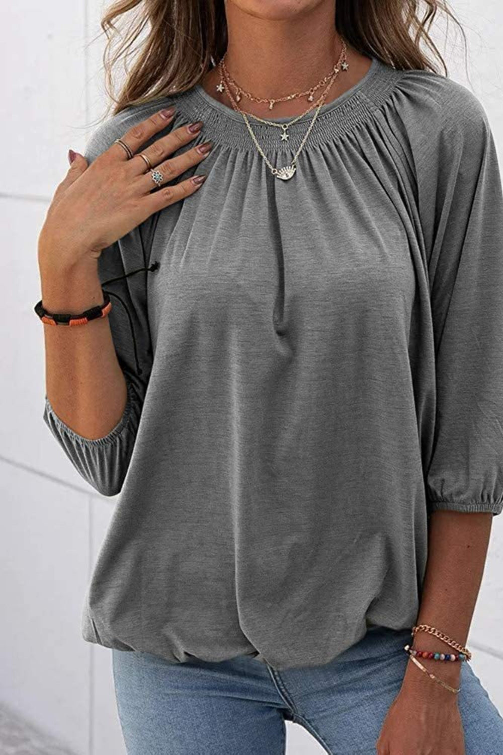 Gathered Detail Round Neck Top (8 Colors)  Krazy Heart Designs Boutique Heather Gray S 