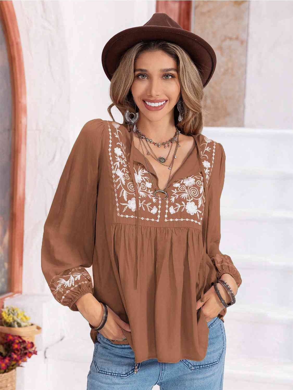 Floral Tie Neck Balloon Sleeve Blouse (6 Colors)  Krazy Heart Designs Boutique Camel S 