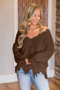 Frayed Hem Dropped Shoulder Sweater (10 Colors) Shirts & Tops Krazy Heart Designs Boutique Chestnut S 