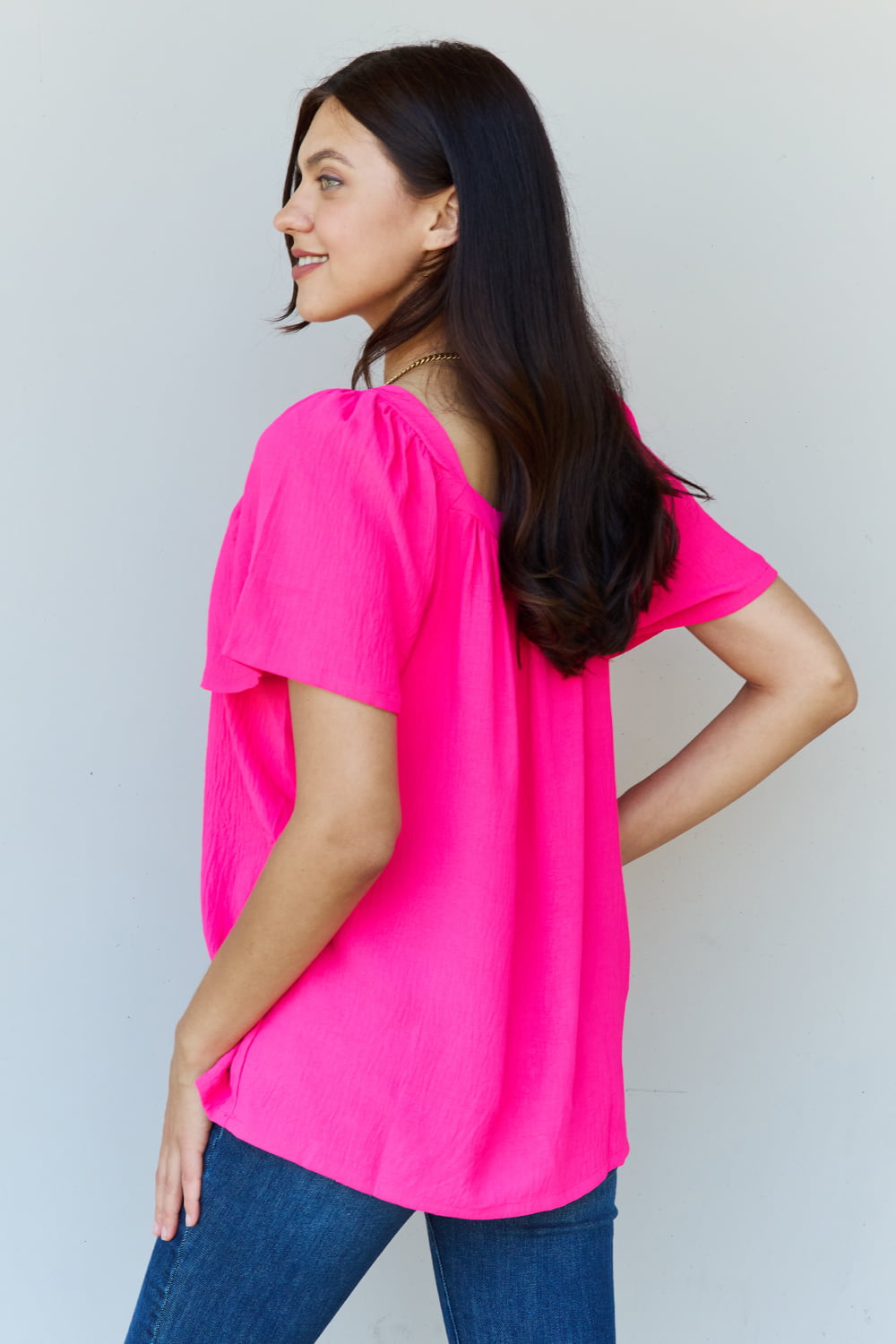 Ninexis Keep Me Close Square Neck Short Sleeve Blouse in Fuchsia  Krazy Heart Designs Boutique   