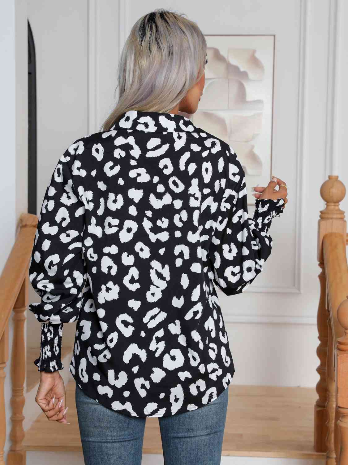 Printed Collared Neck Buttoned Lantern Sleeve Shirt Shirts & Tops Krazy Heart Designs Boutique   