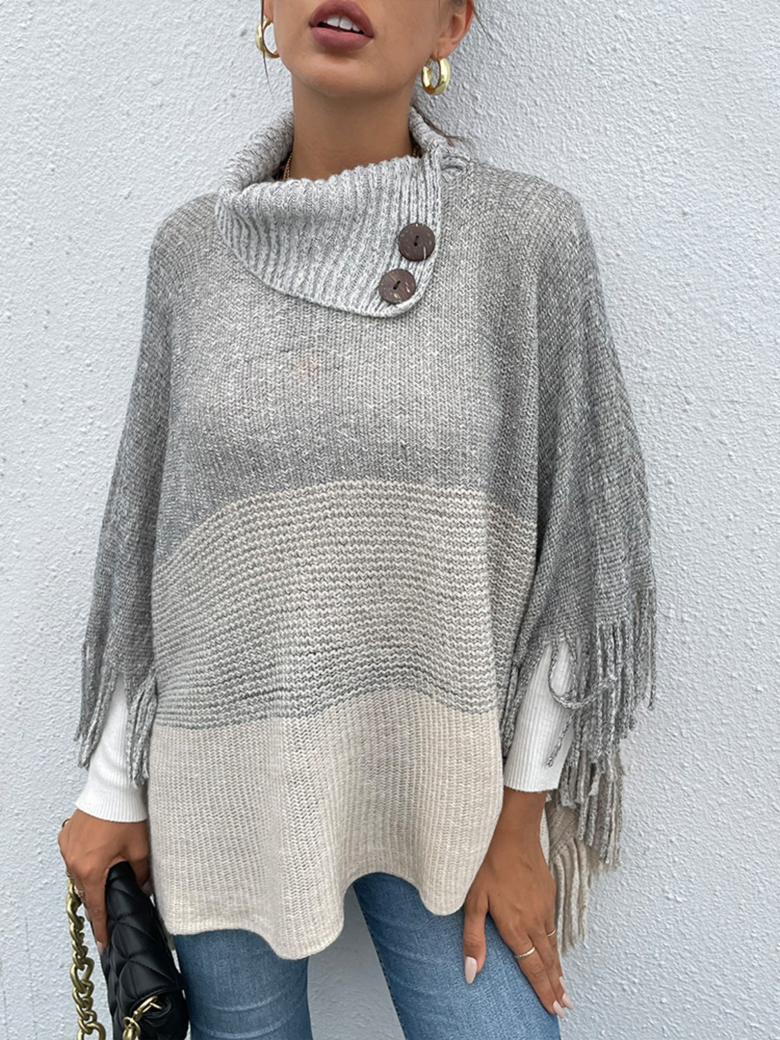 KHD Color Block Fringed Sweater Shawl  Krazy Heart Designs Boutique Light Gray S 
