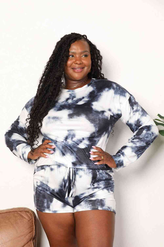 Double Take Tie-Dye Round Neck Top and Shorts Lounge Set Loungewear Krazy Heart Designs Boutique Charcoal S 