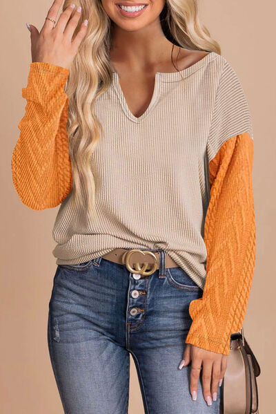 Contrast Color Notched Long Sleeve Blouse Shirts & Tops Krazy Heart Designs Boutique Dust Storm S 
