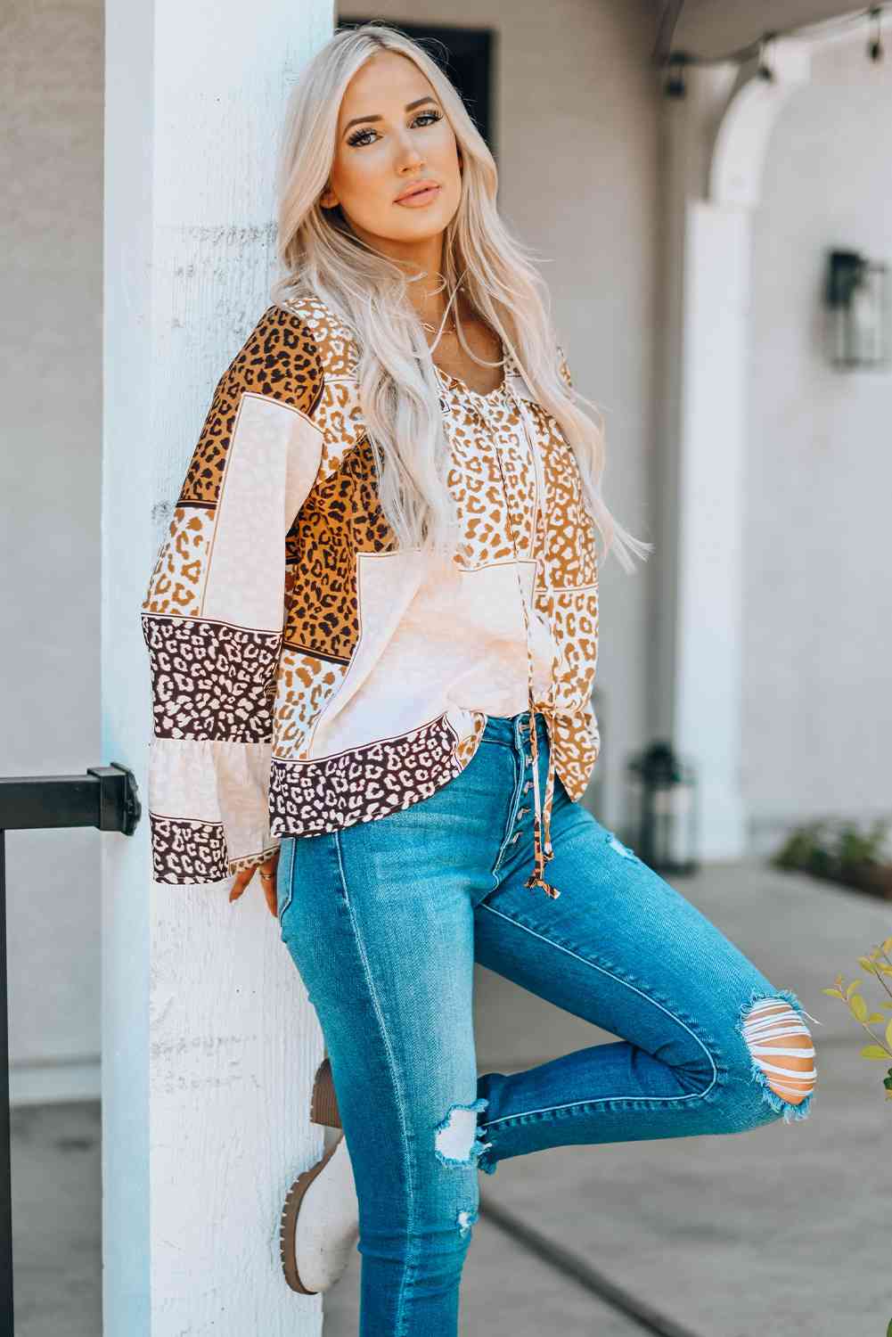 Leopard Patchwork Tied Flare Sleeve Blouse  Krazy Heart Designs Boutique   