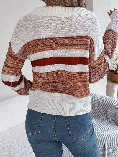 Striped Collared Neck Long Sleeve Sweater (3 Colors) Shirts & Tops Krazy Heart Designs Boutique   