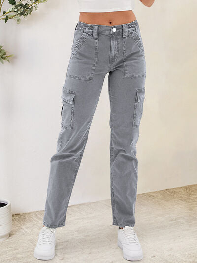 Buttoned Straight Jeans with Cargo Pockets pants Krazy Heart Designs Boutique Charcoal S 