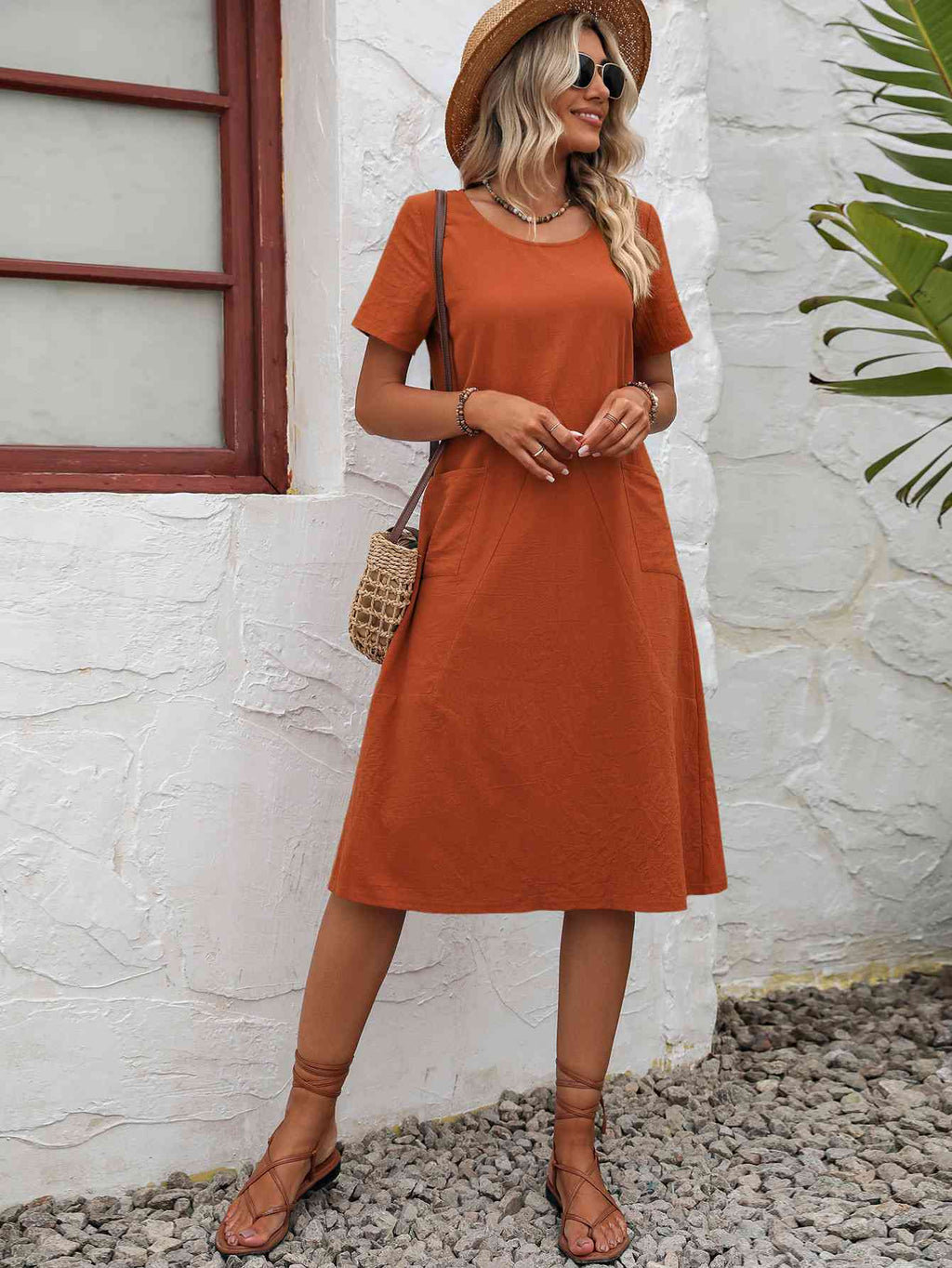 Round Neck Short Sleeve Dress with Pockets (4 Colors) Dress Krazy Heart Designs Boutique Terracotta S 